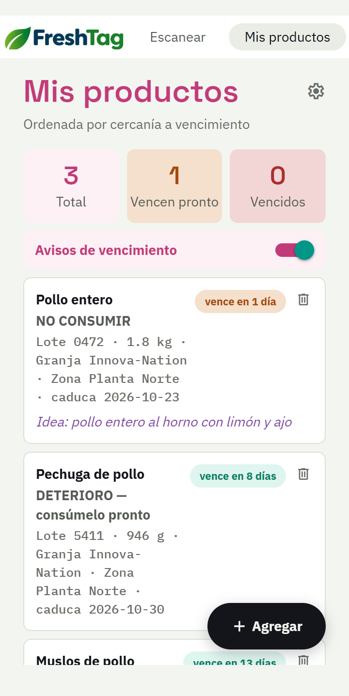 Captura de pantalla de "Mis productos" en la app FreshTag