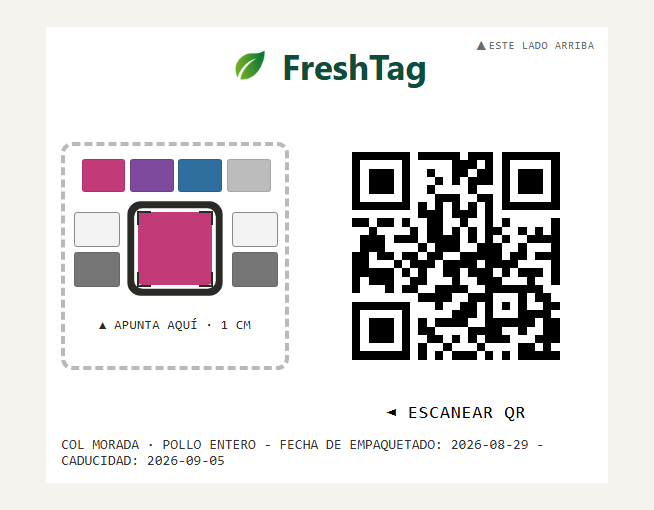 Etiqueta FreshTag — pad de lectura con parches de calibración a los lados y QR de trazabilidad. El código ancla el recuadro; la química no se imprime.
