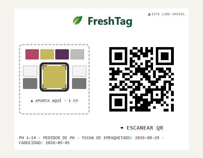 La misma etiqueta para el medidor de pH: referencias 5 · 6 · 8, calibración y QR. El tipo de lectura viaja solo en el código, no en el texto impreso.